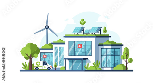 Sustainable Green Hospital Building with Solar Panels and Wind Turbine. Modern Eco-Friendly Healthcare Facility for Clean Energy and Patient Care.
