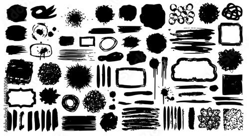 Brush strokes set with black ink splatters and grunge textures, artistic paint smudges. featuring illustration,