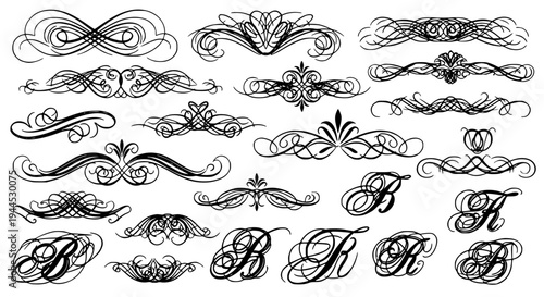 Swirls and flourishes hand drawn set with black curved lines and ornate details featuring decorative elements, vector