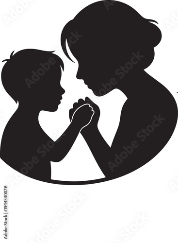 Black silhouette of a mother and her child holding hands, emphasizing their tender interaction and unbreakable bond, creating a poignant representation of maternal love and connection