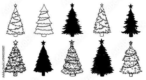 Trees Christmas set with black silhouettes and decorative patterns, stars on top featuring tree, fir tree, pine tree