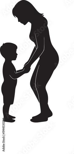 Full body black silhouette of a mother and her child standing and holding hands, depicting a heartwarming moment of guidance, support, and a strong maternal bond between them
