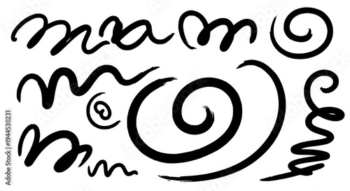 Swirls hand drawn with black curved lines and grunge texture on white background featuring swirl, curl, curls with
