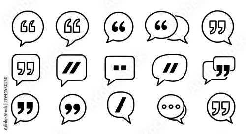 Quotation marks set with various symbols and icons for dialogue bubbles featuring quotes, typography, punctuation with