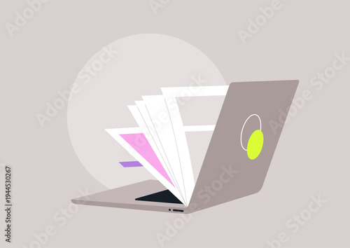 In a calm workspace, a sleek laptop opens to reveal colorful pages that showcase creativity through digital design and literature, inspiring innovation and imagination.