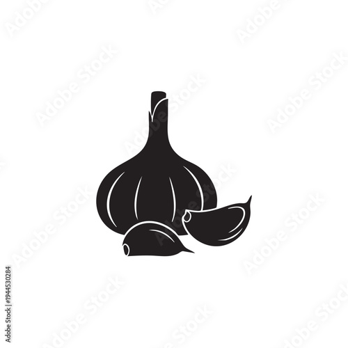 garlic bulb and cloves black silhouette vector illustration, spicy seasoning simple icon, healthy cooking ingredient, pungent flavor isolated on white background