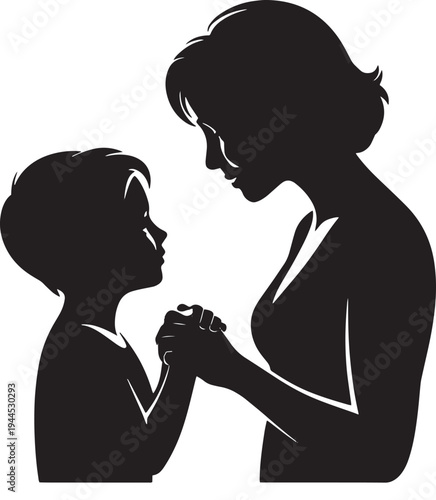 Silhouette of caring mother looking at her son, holding hands in gentle embrace, profound connection and unconditional love, intimate family moment, parental guidance and protection