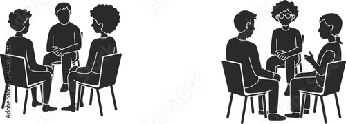 Group discussion silhouettes teamwork meeting therapy communication icons set, flat vector