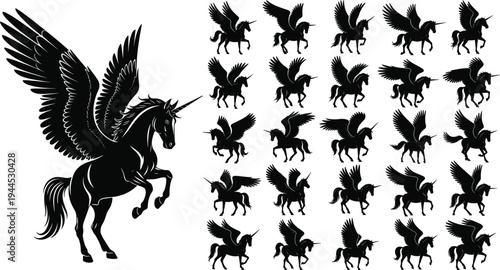 Winged unicorn silhouette collection, Pegasus unicorn fantasy creature poses grid arrangement, black white vector illustration for mythical design art inspiration