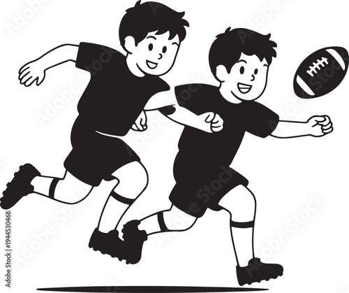 Two young boys playing rugby together, dynamic action shot of children running with ball, teamwork and sportsmanship in outdoor game, healthy lifestyle and active recreation for kids