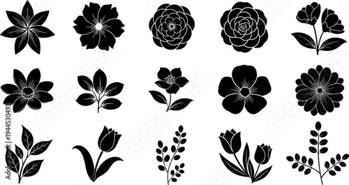 Black floral silhouette icon set featuring rose tulip and jasmine blossoms with decorative leaves and branches isolated on white background vector