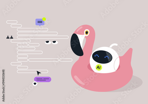Vibe coding, In a bright and cheerful scene, the robot floats on a pink flamingo inflatable, surrounded by colorful code snippets and chat bubbles, showcasing interactive learn