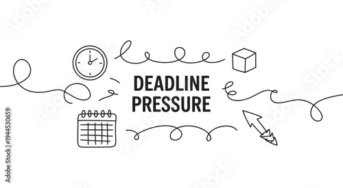 Deadline pressure concept with clock, calendar and stress symbols, vector illustration for presentation or website, time management challenge, office workload concept.