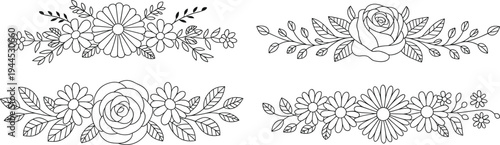 Floral divider set vector illustration with roses and daisies, hand drawn botanical borders, wedding ornaments, garden flower arrangements, nature silhouettes.