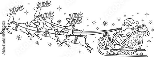Christmas coloring page vector of Santa Claus in sleigh pulled by flying reindeer with stars and snowflakes in sky