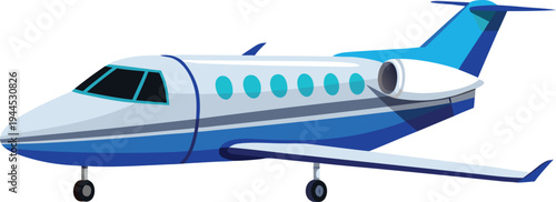 Blue and white private jet airplane illustration