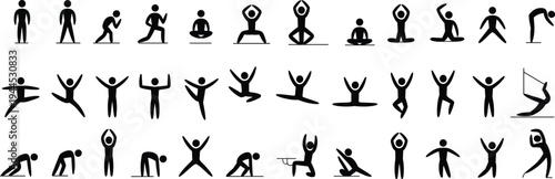 Human silhouette icons yoga fitness meditation exercise posture collection, flat vector
