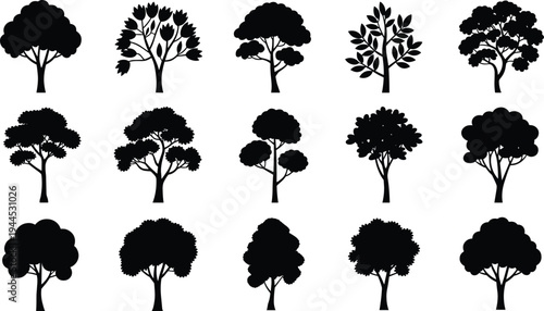 Flat vector silhouettes of diverse trees with varied canopy and trunk styles