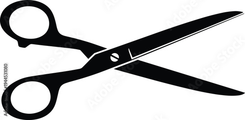 Black silhouette of sharp open tailor scissors isolated on white background, professional dressmaker shears vector illustration for sewing, crafting, and fashion design projects.