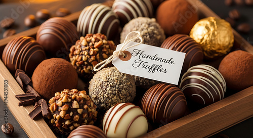 A close-up shot of a variety of handmade chocolate truffles beautifully arranged in a wooden tray, some dusted with cocoa powder and others coated in nuts