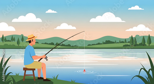 Man fishing on a peaceful lake with rolling hills and a clear sky in the background, embodying a serene outdoor hobby