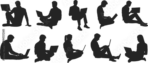 Flat vector silhouettes of people exercising, stretching, yoga, and fitness movements