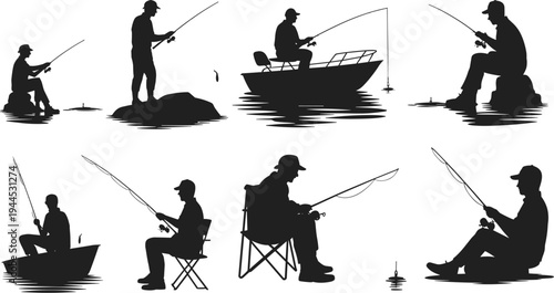Flat vector silhouettes of people fishing with water reflections in scenes