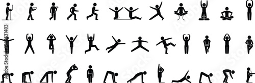 Flat vector silhouettes of people exercising, stretching, dancing, and fitness poses