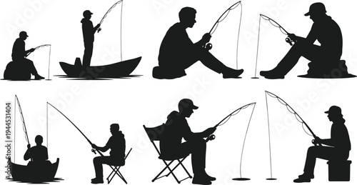 Flat vector silhouettes of people fishing in diverse seated and standing positions