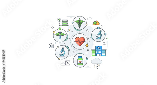 Healthcare System & Medical Services Infographic. Comprehensive Health, Treatment, and Wellness Concept.