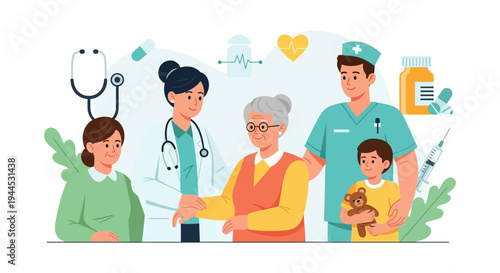 Multi-Generational Healthcare Illustration: Doctor, Nurse, Patients (Elderly, Adult, Child) in Comprehensive Medical Care Setting
