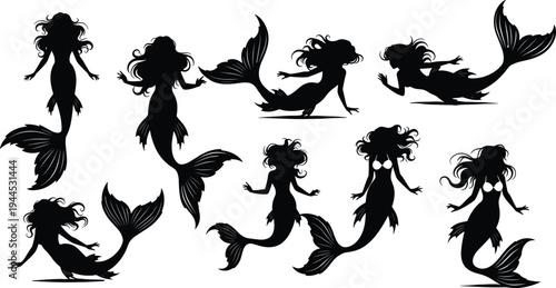 Eight mermaid silhouettes in various poses, fantasy ocean illustration, black white artwork, mythical aquatic design, creative storytelling concept