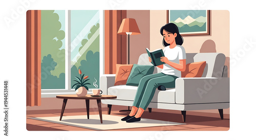 Cozy living room scene with a young woman enjoying a book in natural light