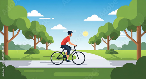 Person Cycling on Park Path A Vibrant Illustration of Outdoor Recreation, Health, and Fitness, Showcasing Leisurely Biking in a Serene Nature Environment