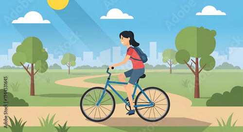A cheerful woman enjoying a leisurely bicycle ride through a vibrant green park on a sunny day, showcasing a healthy and active lifestyle outdoors