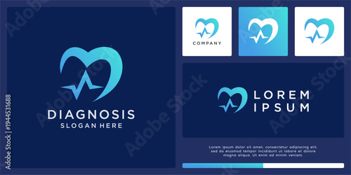 Diagnosis logo design with heart and pulse