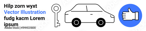 Automotive security, car maintenance, vehicle ownership, approval, key systems, transportation. Car with a key and a thumbs-up icon. Automotive security and vehicle ownership concept