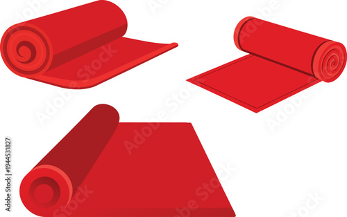 Red yoga mats in various unrolled positions