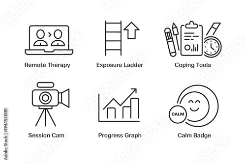 Therapy tools icon set, remote therapy session symbols, progress tracking visuals, mental health and counseling concept, online support interface.