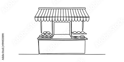 A simple continuous line art drawing of a street food stall with an awning and food items on display Vector, illustration