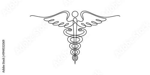 Continuous line art illustration of the caduceus symbol, featuring two snakes wrapped around a staff with wings. Vector, illustration