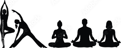 Five yoga silhouettes in meditation and balance poses, black white illustration, wellness concept, fitness design, mindfulness artwork