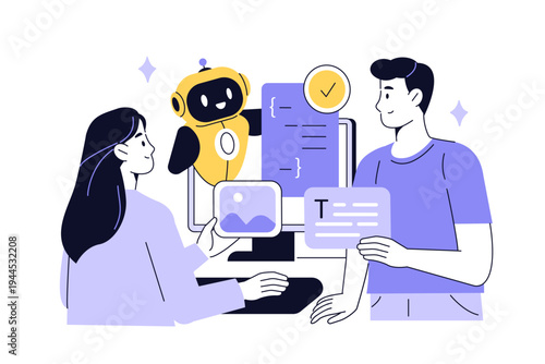 Business team using agentic ai to automation without programming. Collaborative no code ai agent service. Vector illustration.
