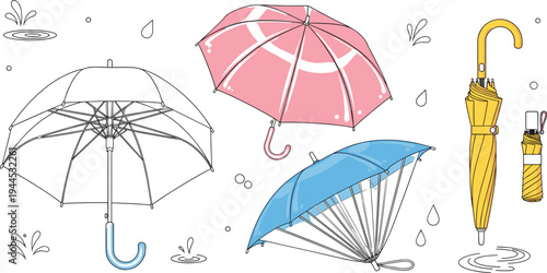 Umbrella collection with open umbrella folding umbrella transparent umbrella and colorful rain protection accessories vector illustration set