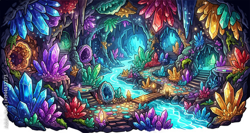 Glowing Crystal Cave River Fantasy Illustration