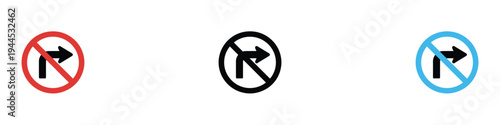 No right turn traffic sign icon set. Road safety and direction prohibition symbol. Vector Illustration.