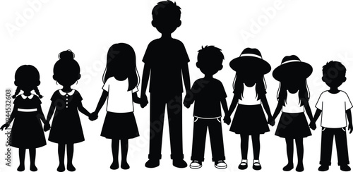 Silhouette children standing in line holding hands, unity diversity friendship togetherness concept, inclusive childhood group illustration design