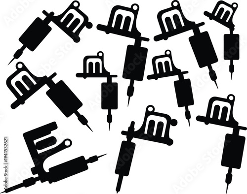 Black tattoo machine silhouette set, tattoo gun icons collection, body art equipment illustration, isolated vector design for studio branding symbol