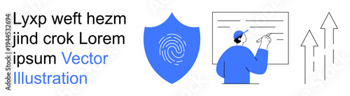 Data privacy, professional training, security strategies, biometric authentication, information growth, corporate planning. Shield with fingerprint and person pointing at a board. Data security
