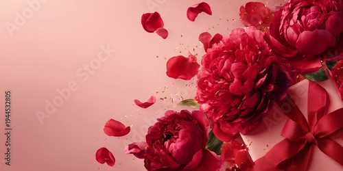 Elegant red peony flowers surrounding satin gift box with ribbon, perfect for wedding, anniversary and premium present branding.